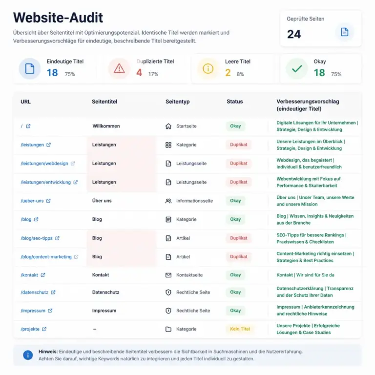 Tabelle zur systematischen Pru00fcfung doppelter Seitentitel