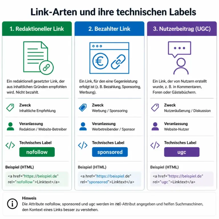 u00dcbersicht der rel-Attribute nofollow, sponsored und ugc fu00fcr externe Links