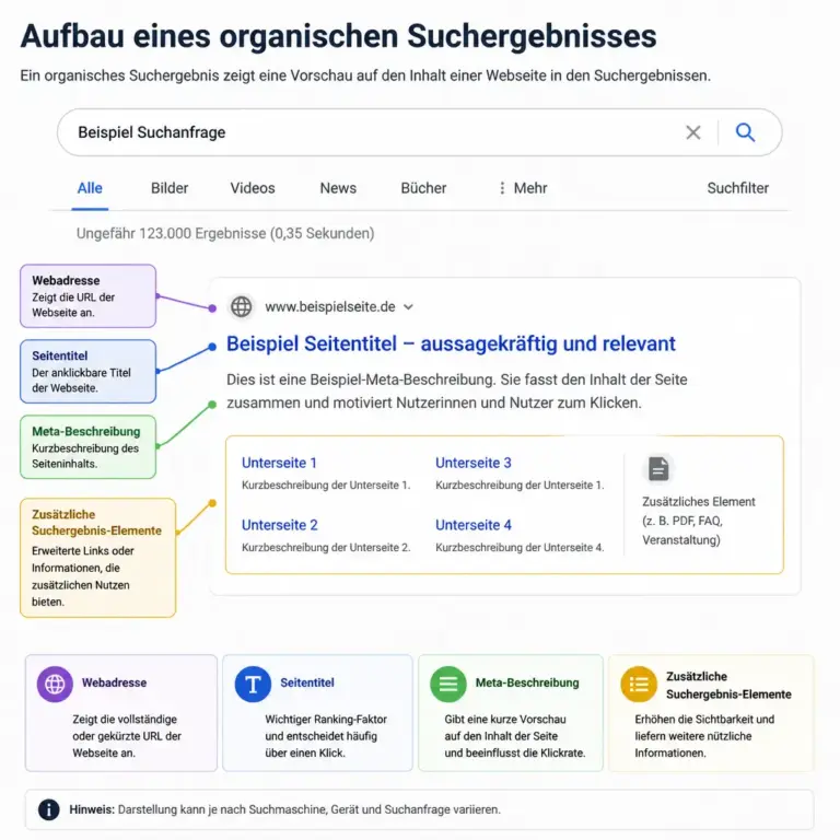 Aufbau eines Suchergebnisses mit Titel, Beschreibung und Webadresse