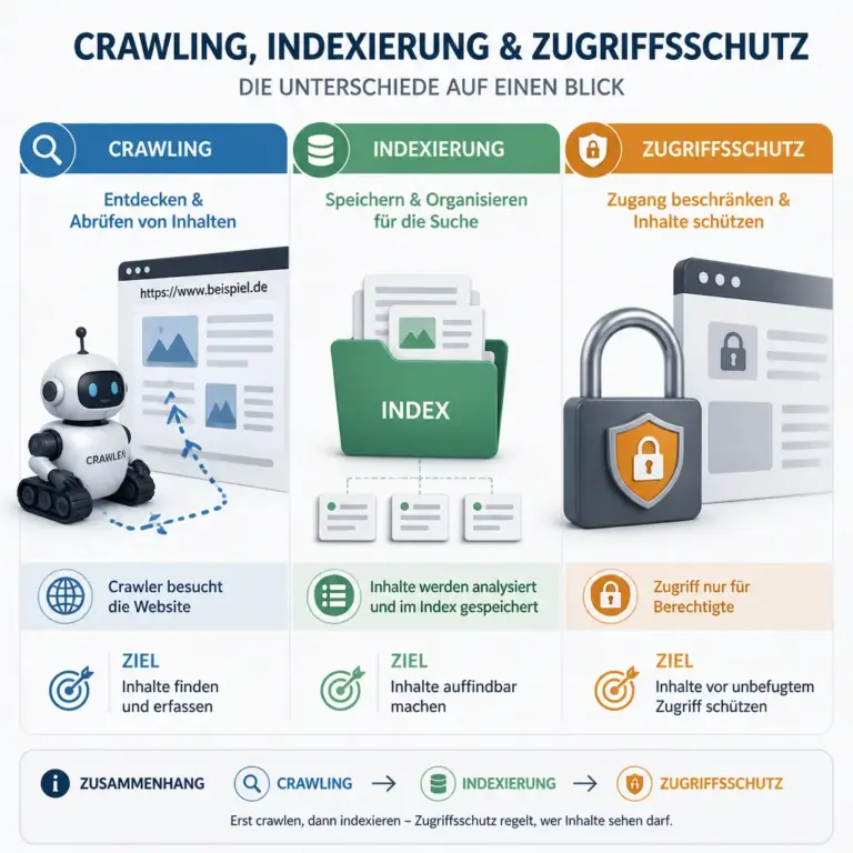 Infografik zum Unterschied zwischen Crawling, Indexierung und Zugriffsschutz