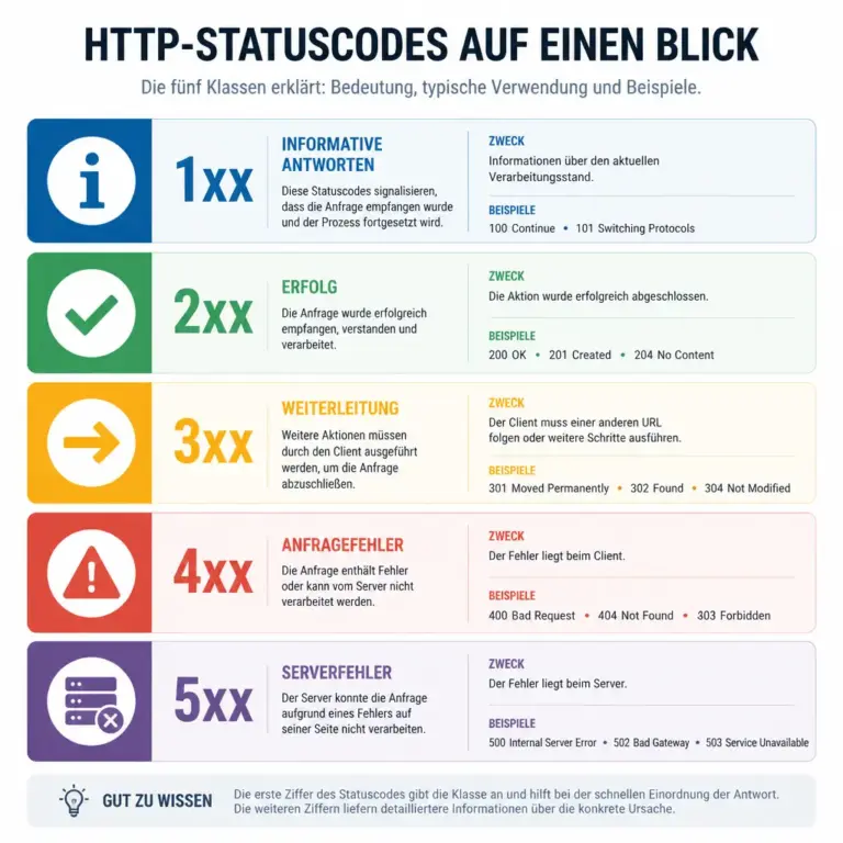 Die fu00fcnf Klassen der HTTP-Statuscodes von 1xx bis 5xx im u00dcberblick