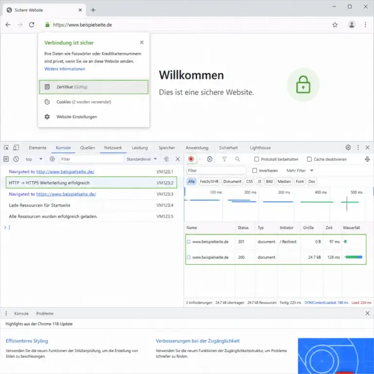 Browserpru00fcfung einer HTTPS-Adresse mit Zertifikat und Weiterleitung