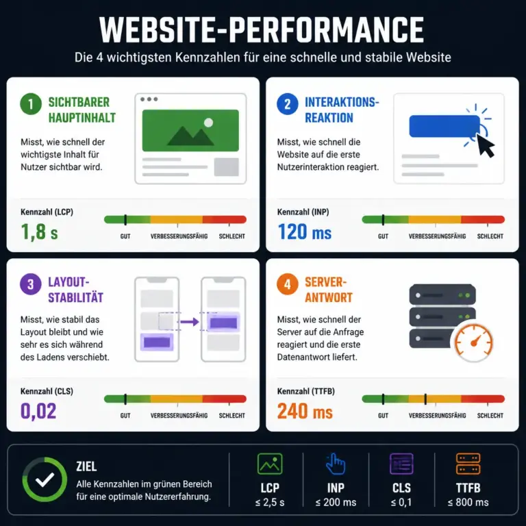 Infografik zu den wichtigsten Kennzahlen beim Pru00fcfen der Website-Ladezeit