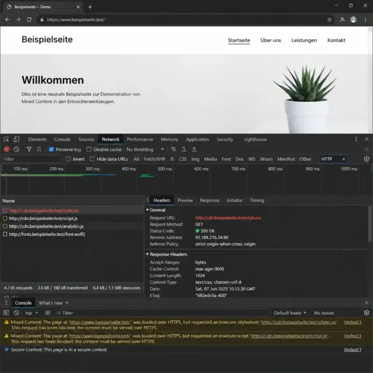 Netzwerk-Tab der Browser-Entwicklertools mit einer unsicheren HTTP-Ressource.