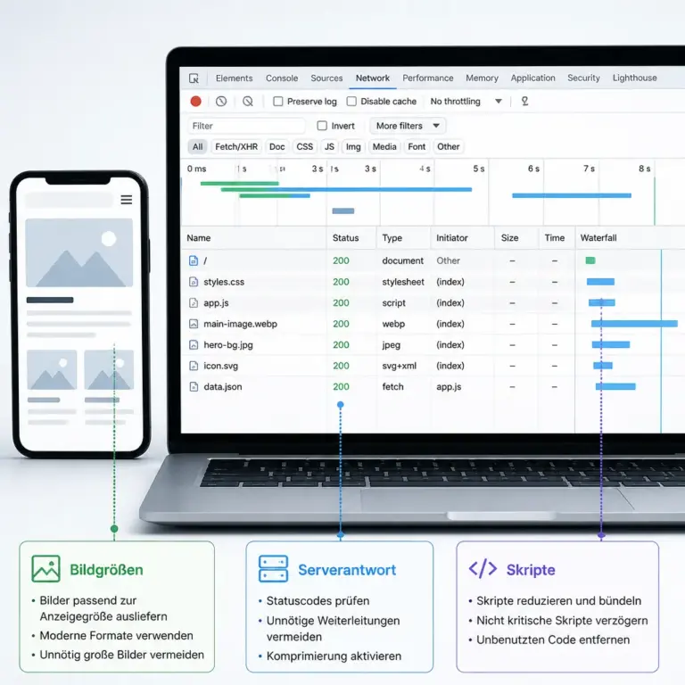 Analyse der mobilen Ladezeit mit Browser-Entwicklertools und Smartphone