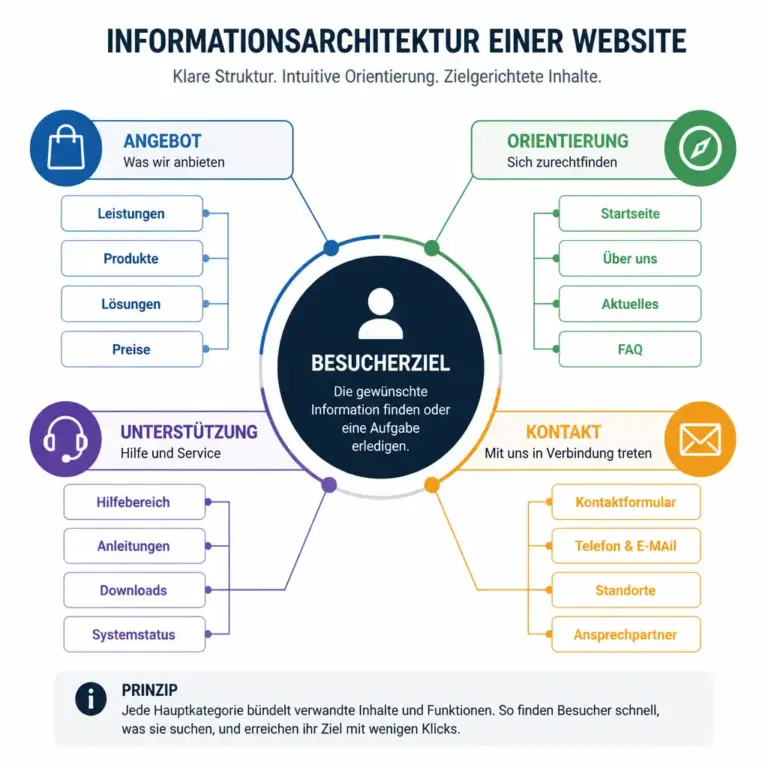 Schematische Informationsarchitektur mit klar gruppierten Website-Bereichen