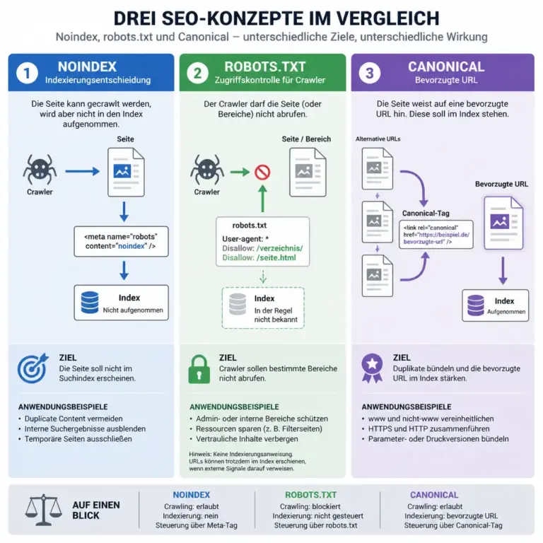Vergleich von Noindex, robots.txt und Canonical in einer SEO-Infografik