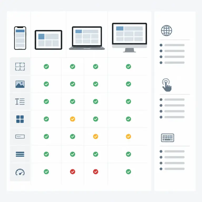 Testmatrix fu00fcr responsives Webdesign auf Smartphone, Tablet, Laptop und Monitor