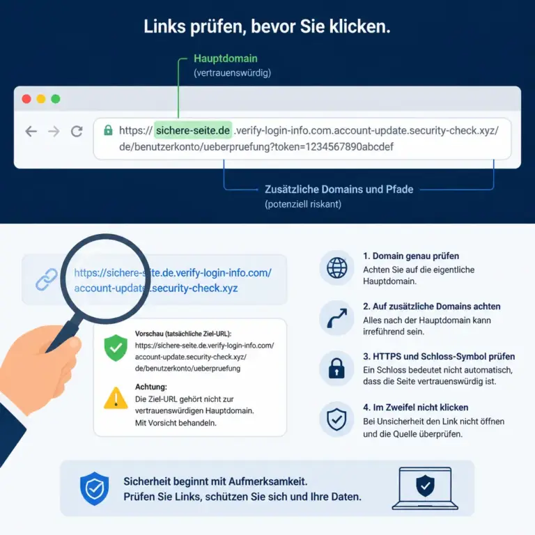 Eine Browser-URL wird vor dem u00d6ffnen auf die echte Hauptdomain gepru00fcft.