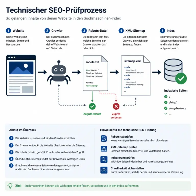 Ablauf von Crawling und Indexierung mit Robots-Datei und XML-Sitemap