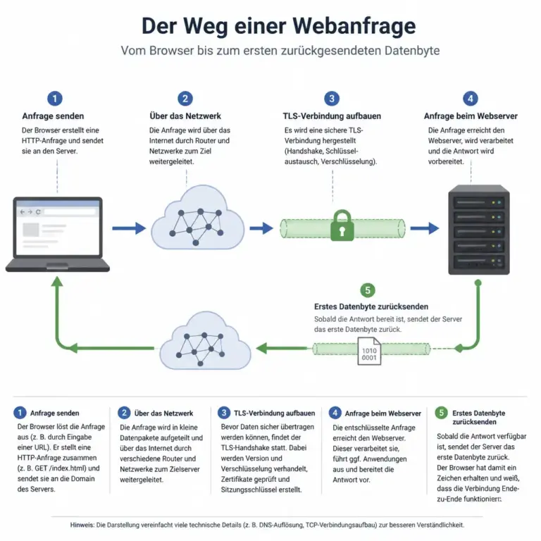 Darstellung der einzelnen Phasen zwischen Webanfrage und erstem Antwortbyte.