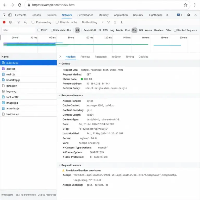 Netzwerkansicht mit HTTP-Antwort-Headern in den Browser-Entwicklerwerkzeugen