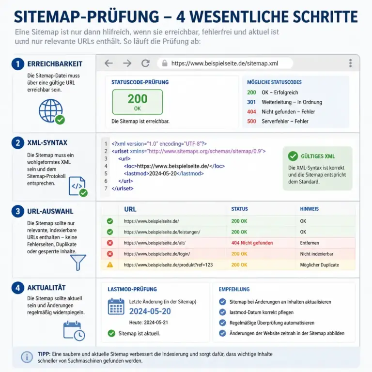 Infografik mit den wichtigsten Pru00fcfschritten fu00fcr eine Sitemap.xml