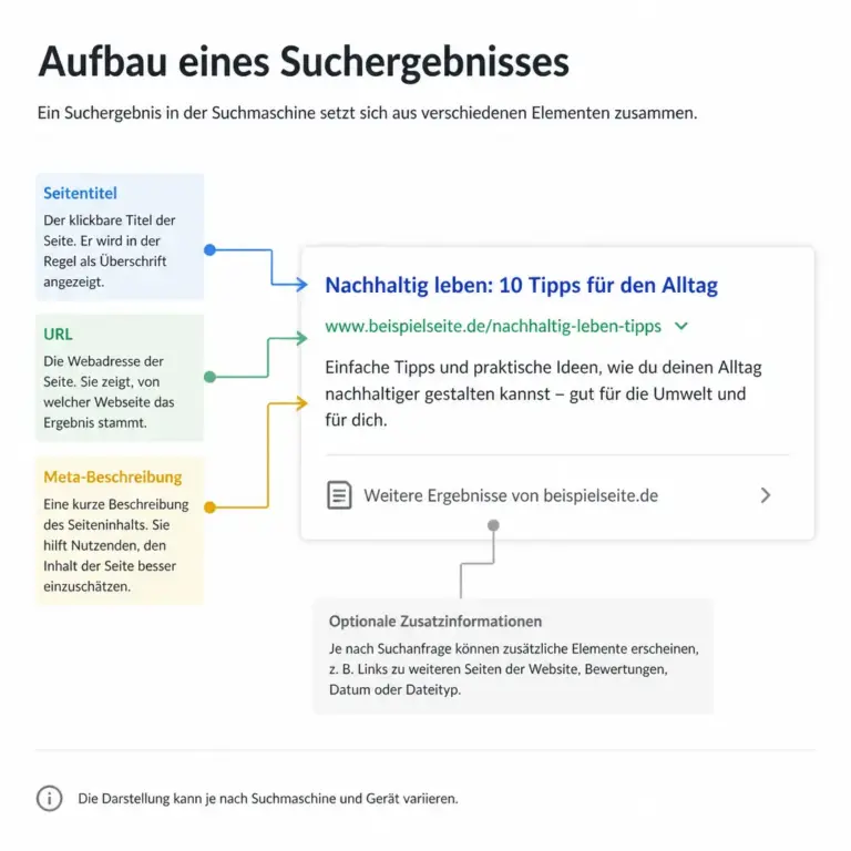 Aufbau eines Suchergebnis-Snippets mit Titel, URL und Beschreibung