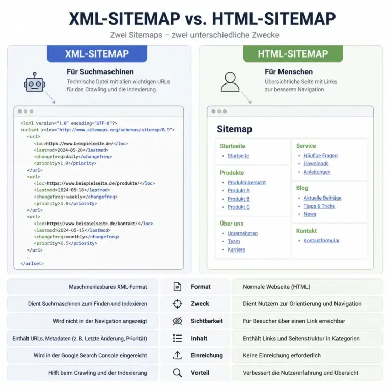 Vergleich zwischen XML-Sitemap fu00fcr Suchmaschinen und HTML-Sitemap fu00fcr Besucher
