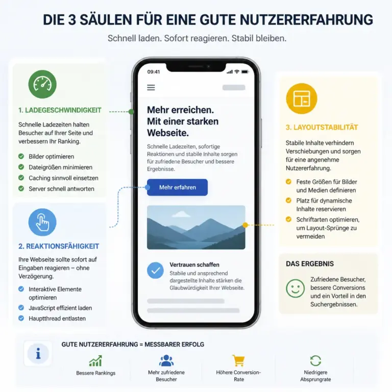 Illustration der wichtigsten Messwerte fu00fcr Websitegeschwindigkeit und Nutzererlebnis