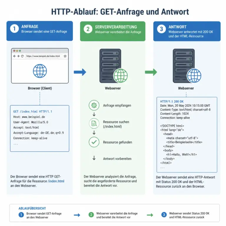 Schematische Darstellung der Kommunikation zwischen Browser und Webserver bei HTTP 200