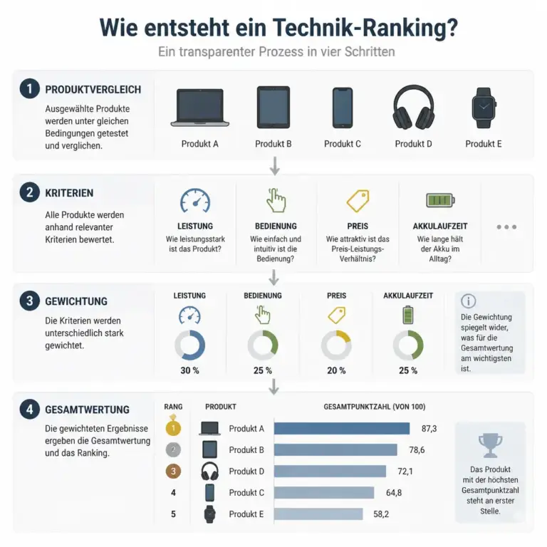 Schematische Darstellung, wie aus Kriterien und Gewichtungen ein Technik-Ranking entsteht