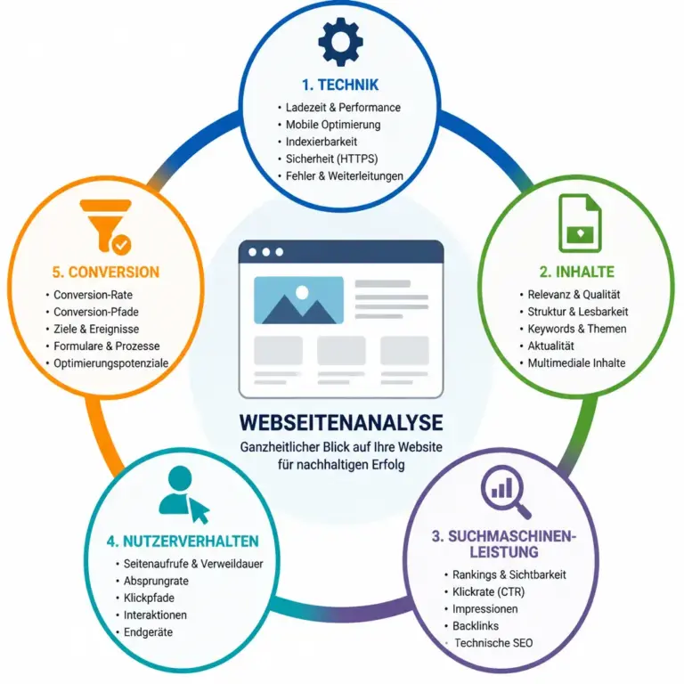 Fu00fcnf miteinander verbundene Ebenen der Webseitenanalyse