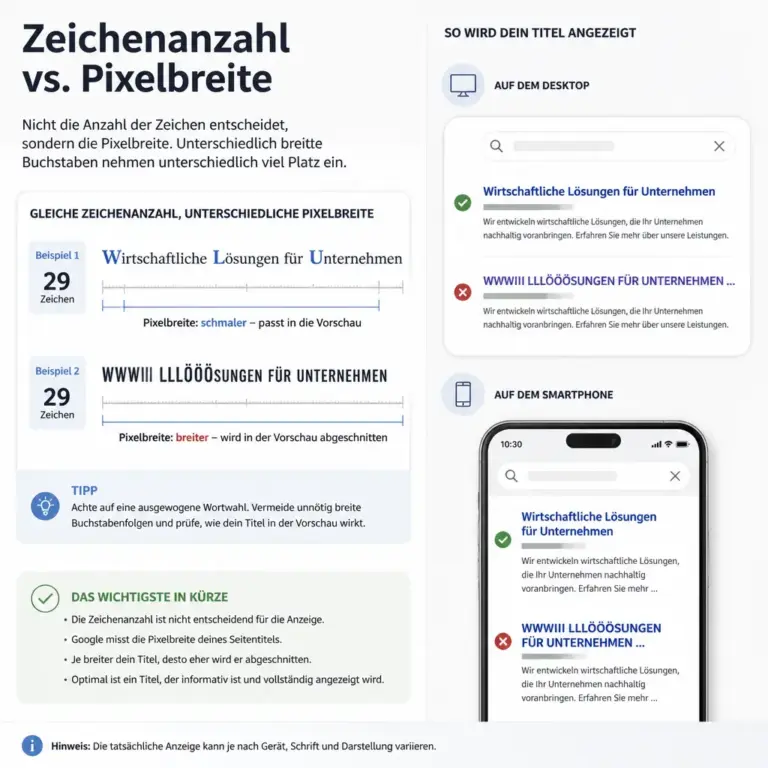 Vergleich von Zeichenanzahl und Pixelbreite bei einem Seitentitel