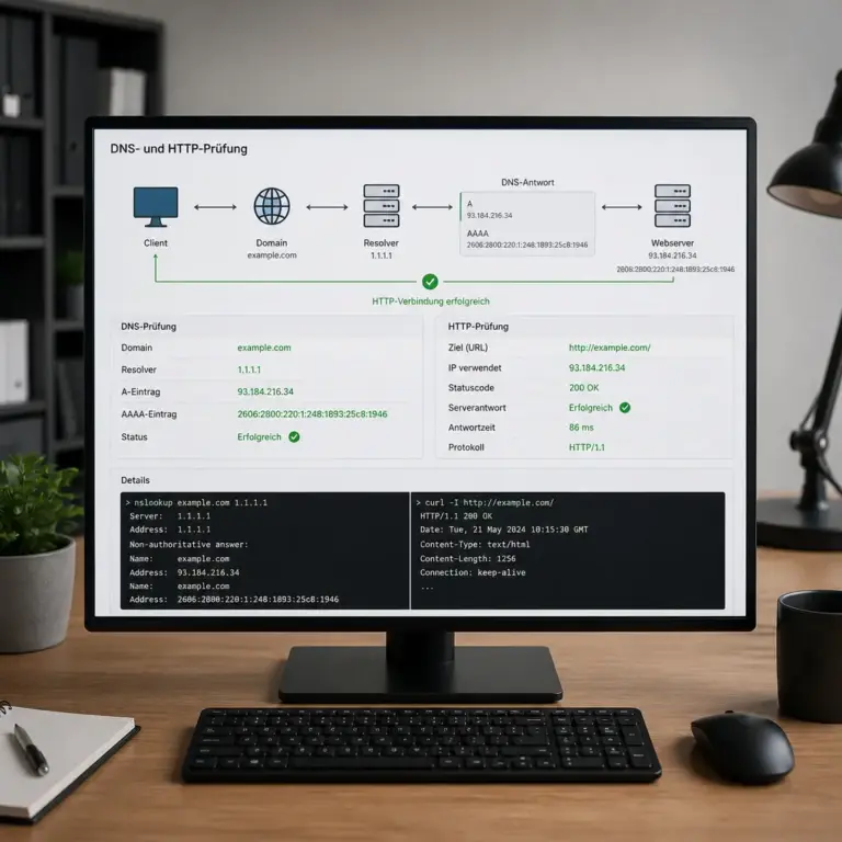 Schematische Darstellung der einzelnen Pru00fcfschritte von DNS bis Webserver