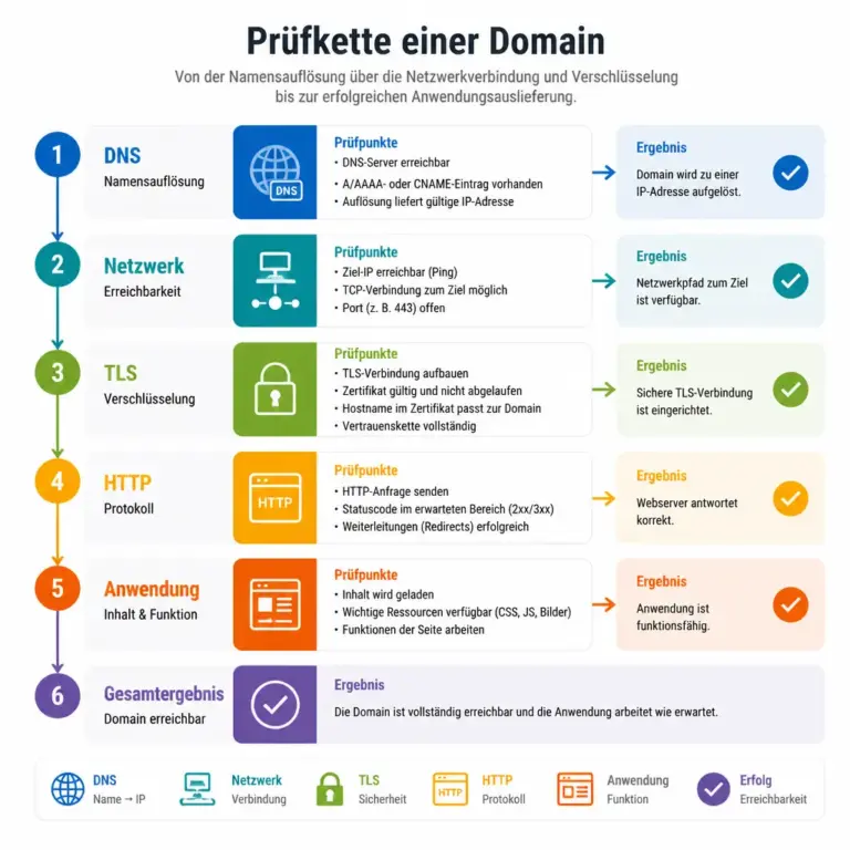 Pru00fcfkette fu00fcr die Erreichbarkeit einer Domain von DNS bis zur Webanwendung