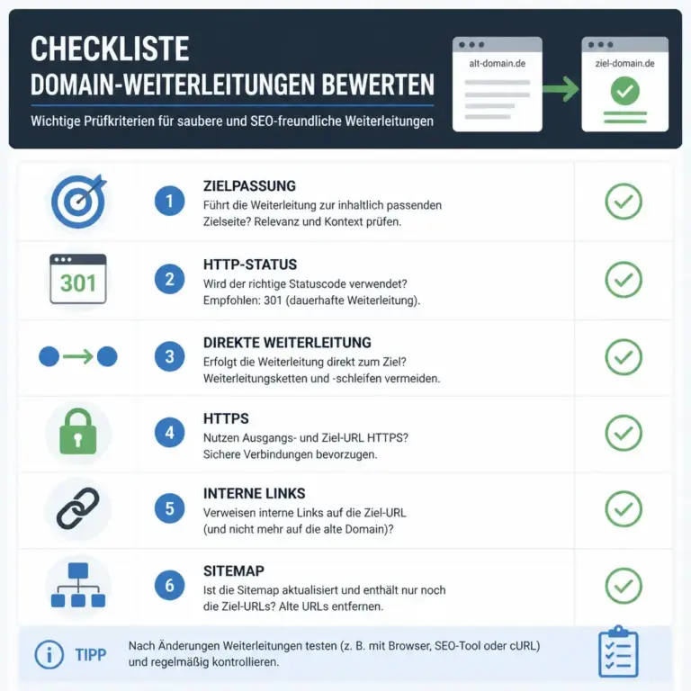 Checkliste zur systematischen Bewertung einer Domain-Weiterleitung