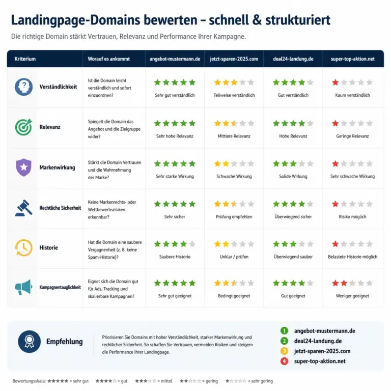 Bewertungskriterien fu00fcr Domains von Landingpages in einer u00fcbersichtlichen Matrix
