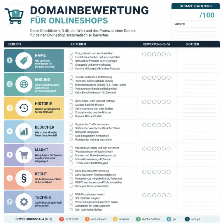 Checkliste mit wichtigen Pru00fcfdaten fu00fcr die Bewertung einer Onlineshop-Domain