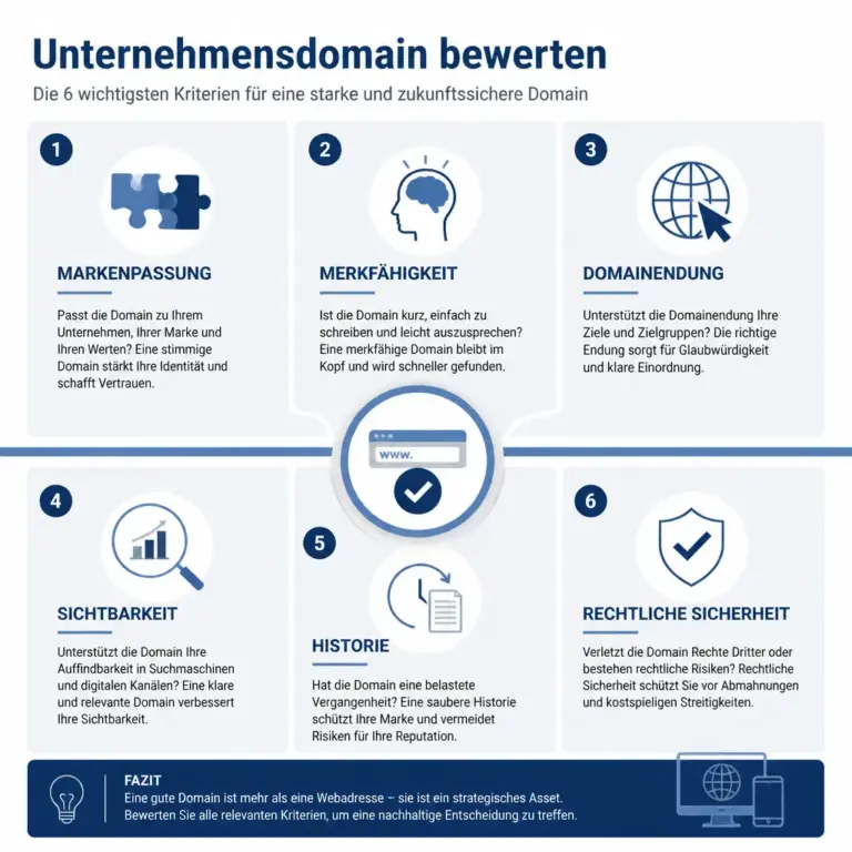 Infografik mit den wichtigsten Kriterien fu00fcr die Bewertung einer Unternehmensdomain