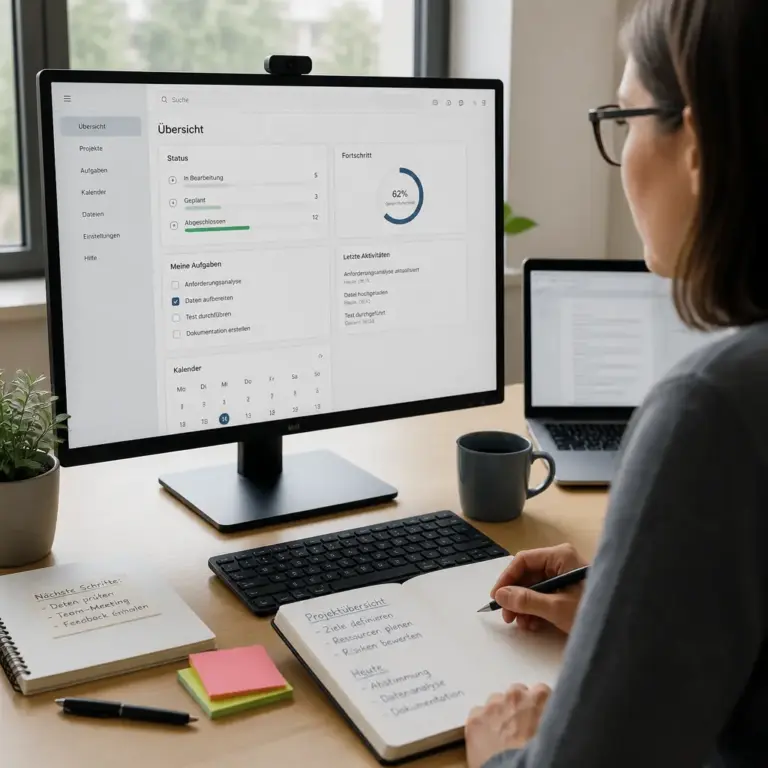 Eine Person bedient eine u00fcbersichtlich gestaltete technische Anwendung am Arbeitsplatz.