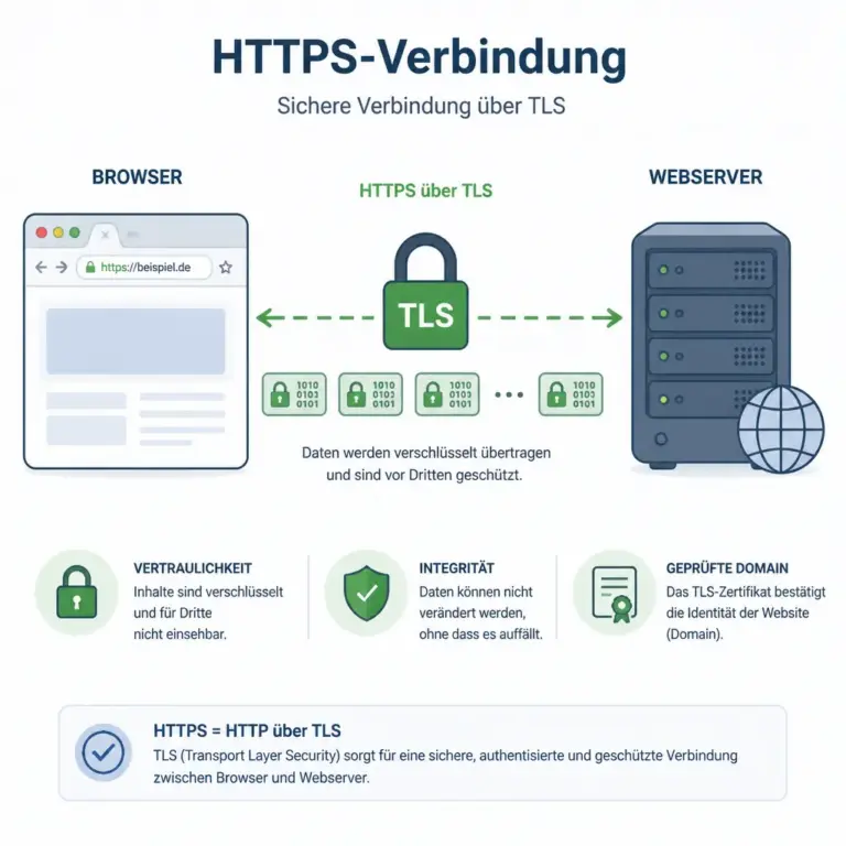 HTTPS schu00fctzt Daten zwischen Browser und Webserver durch Verschlu00fcsselung und Integritu00e4tspru00fcfung