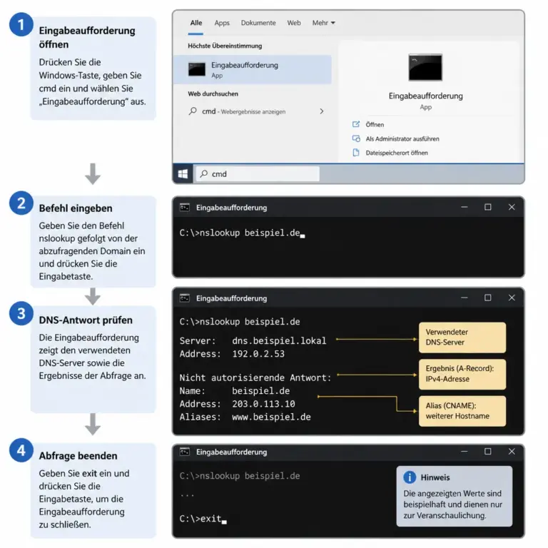 Beispielhafte nslookup-Abfrage in der Windows-Eingabeaufforderung