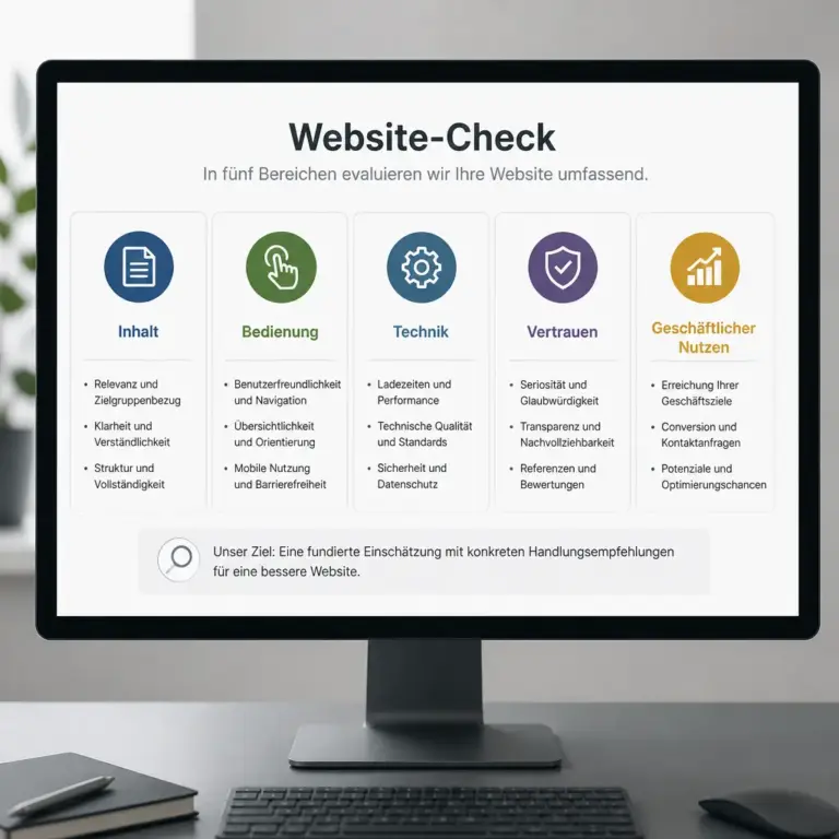 Fu00fcnf wichtige Pru00fcfbereiche eines kostenlosen Website-Checks fu00fcr Unternehmen.