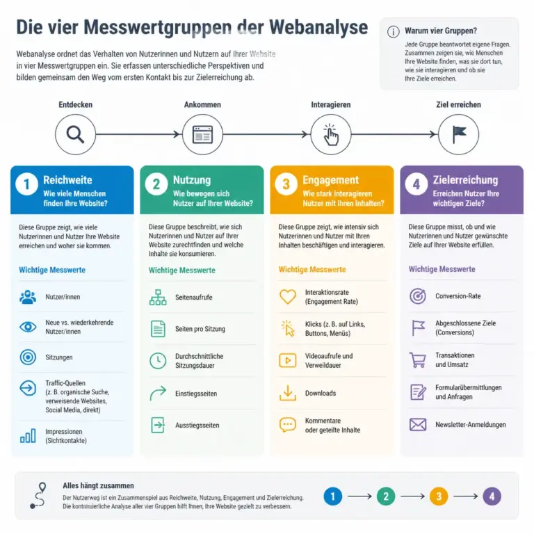 Infografik zu Reichweite, Nutzung, Engagement und Zielerreichung in der Webanalyse