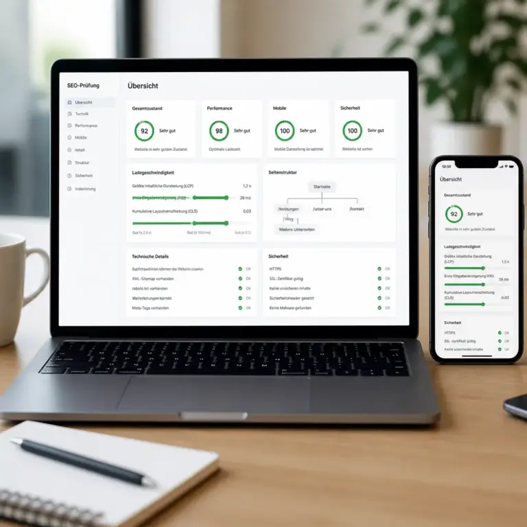 Technische Pru00fcfung einer Website auf Ladezeit, mobile Darstellung und Zugu00e4nglichkeit