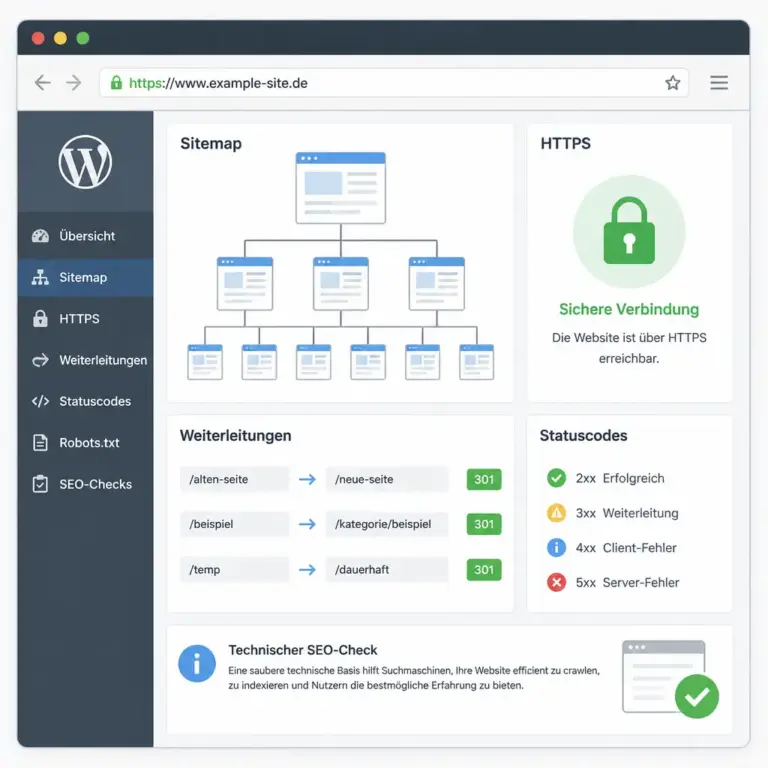 Technische Pru00fcfpunkte wie HTTPS, Sitemap, Weiterleitungen und Indexierung bei WordPress