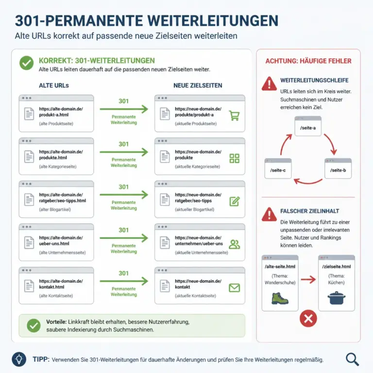 Schaubild zu Weiterleitungen von alten auf passende neue URLs nach einem Relaunch