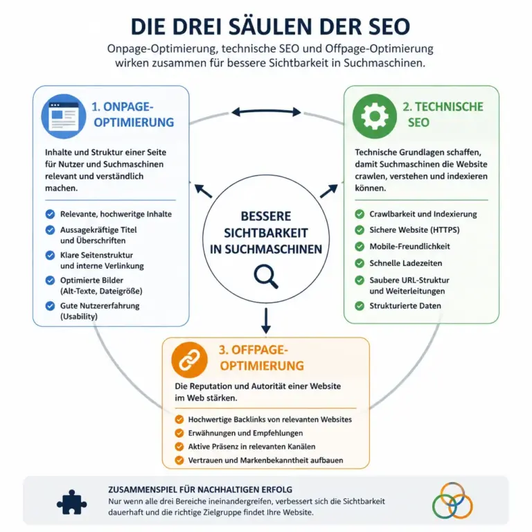 Infografik zu Onpage-SEO, technischer SEO und Offpage-Optimierung