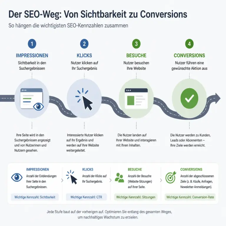 Zusammenhang zwischen SEO-Impressionen, Klicks, Besuchen und Conversions