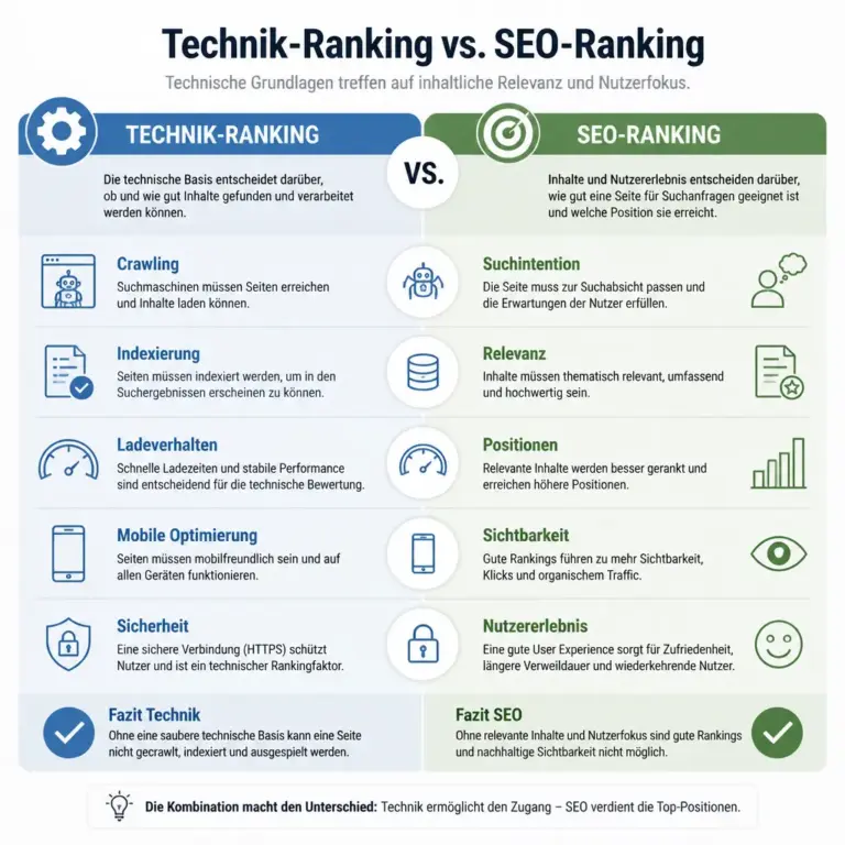 Infografik mit den wichtigsten Unterschieden zwischen Technik-Ranking und SEO-Ranking