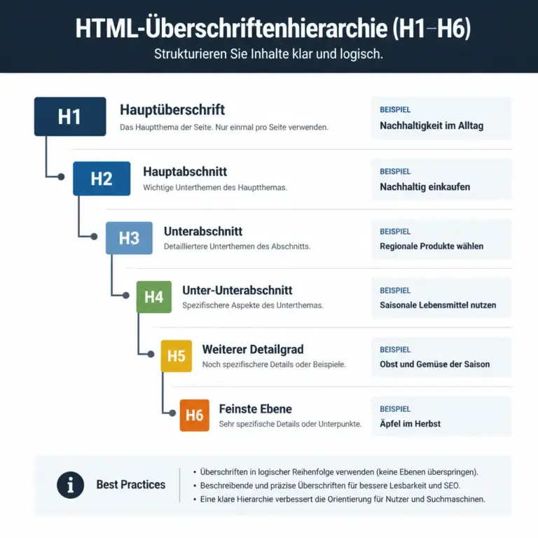 Eingeru00fcckte Darstellung der u00dcberschriftenebenen von H1 bis H6