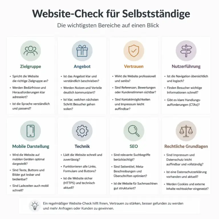 Die acht wichtigsten Pru00fcfbereiche einer Website fu00fcr Selbststu00e4ndige