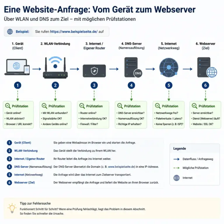 Pru00fcfweg von einem Geru00e4t u00fcber Netzwerk und DNS zu einem Webserver
