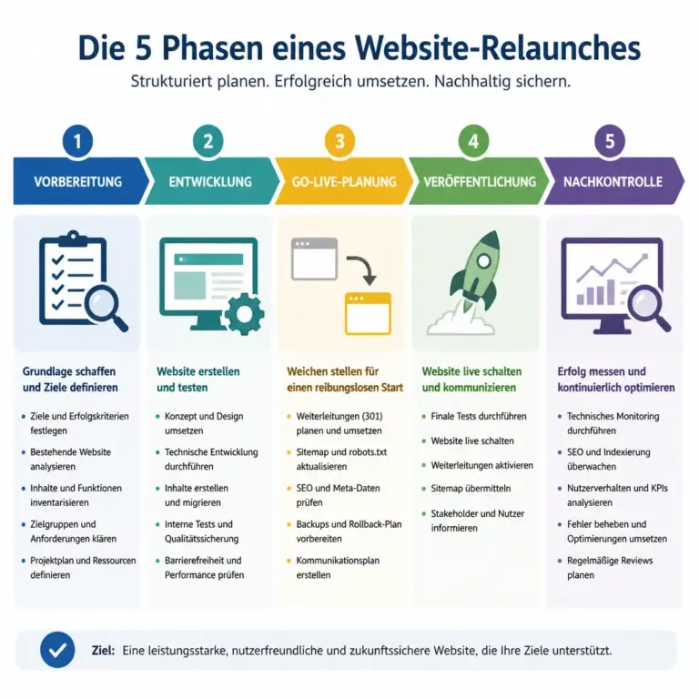 Fu00fcnf Pru00fcfphasen beim technischen Website-Relaunch