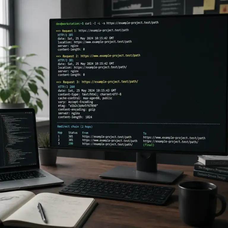 Terminalansicht zur Pru00fcfung einer Weiterleitungskette mit HTTP-Status und Zieladresse