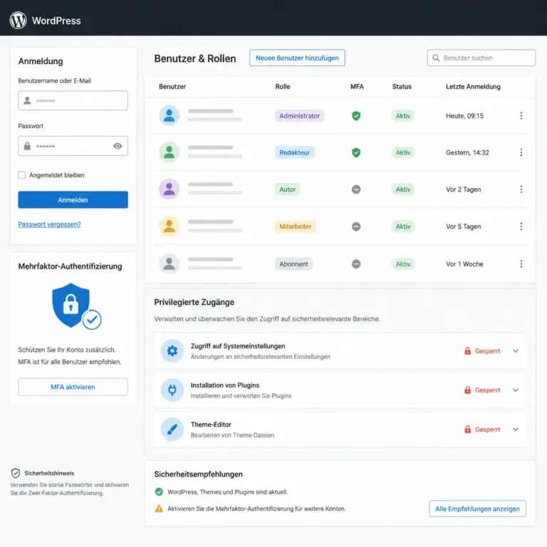 Abstrahierte u00dcbersicht zu Benutzerrollen, Mehrfaktor-Authentifizierung und geschu00fctzten WordPress-Zugu00e4ngen